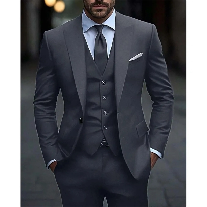 Dark Grey High Quality Men Suits Slim Fit Single Breasted Lapel Elegant Groom 3 Piece Jacket Pants Vest Male Sets250826