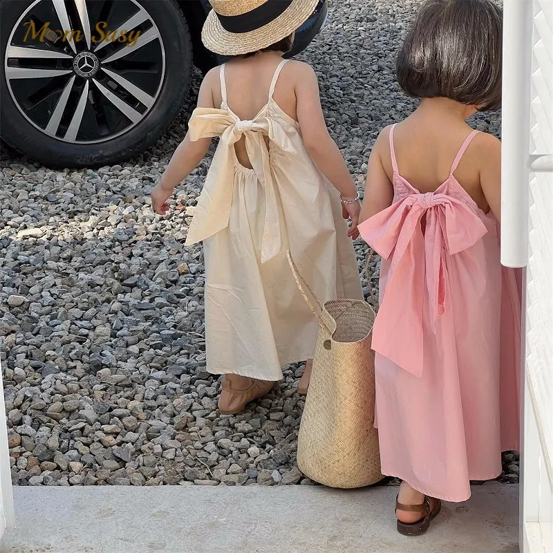 Fashion Baby Girl Princess Cotton Strap Dress Bow Infant Toddler Child Suspender Vestido Solid Color Summer Baby Clothes 110Y 250827 M260318-image-1095349394