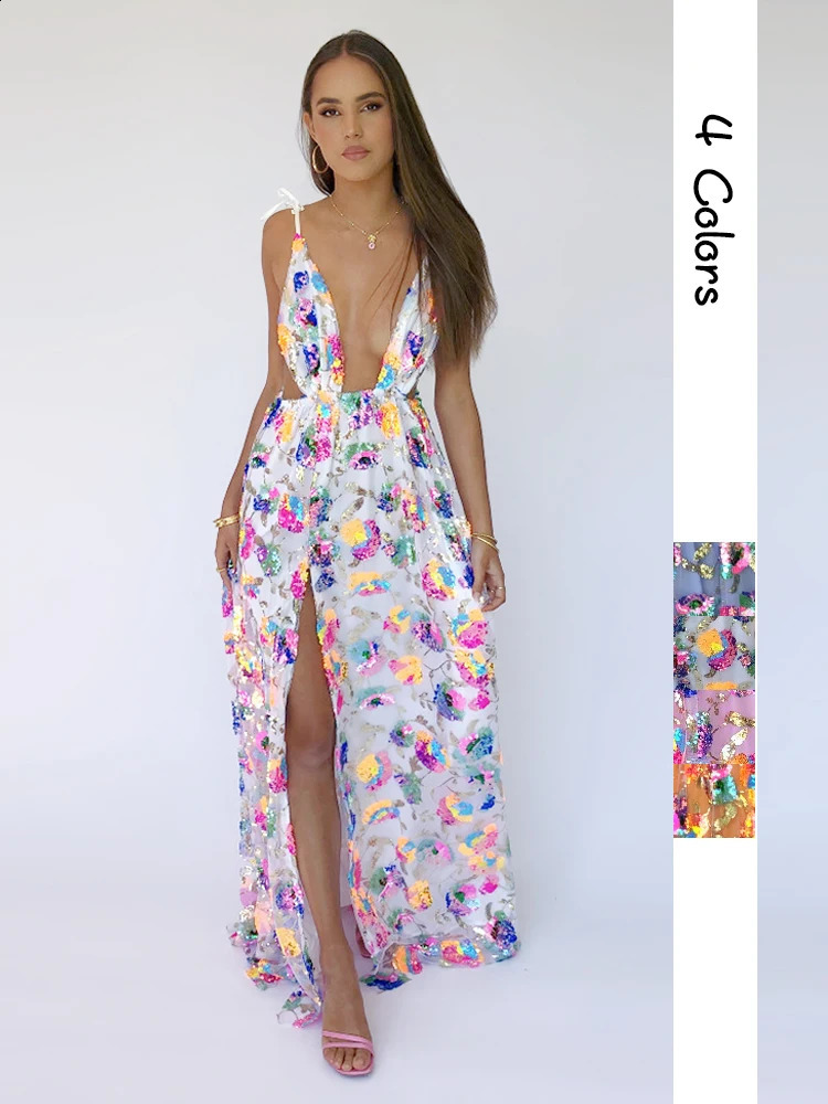 Elegant Ribbon Sequined Long Dress Women Sexy Deep V Neck Backless Party Casual Sleeveless Evening Club Prom 250827