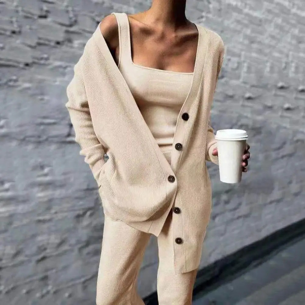 Women Knitted Outfit Threepiece Tank Top Cardigan Pants Set Solid Long Sleeves Suit Spring Outerwear Vest 250827