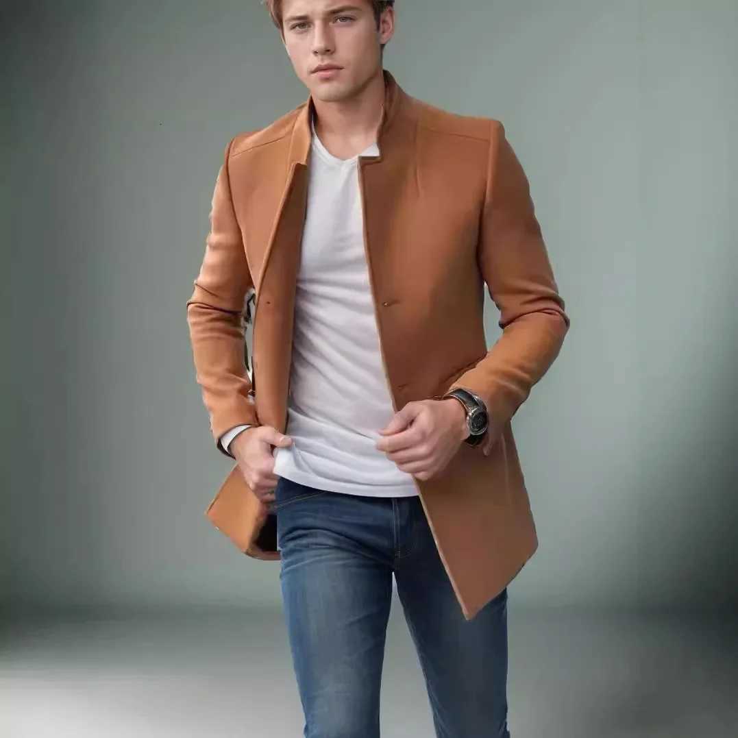 2024 Spring and Autumn Casual Mens Clothing for Youth New Trendy Solid Color Slim Fit Longsleeved Woolen Coat for Mens SuitsXJ250827