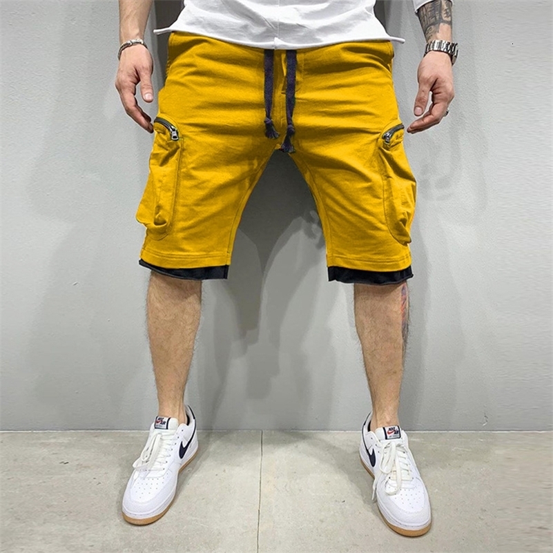 Mens Summer Cargo Shorts Cotton Workout Fitness Shorts Breathable Jogger Training Gyms Bodybuilding Multi Pocket Yellow Shorts 250826