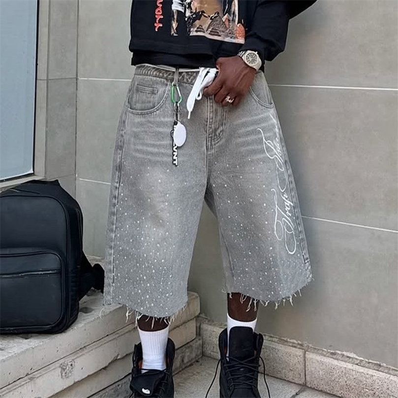 Mens Summer Casual Denim Shorts Knee Length Trendy Letter Embroidered Rhinestone Jeans Shorts Fashion Streetwear250826