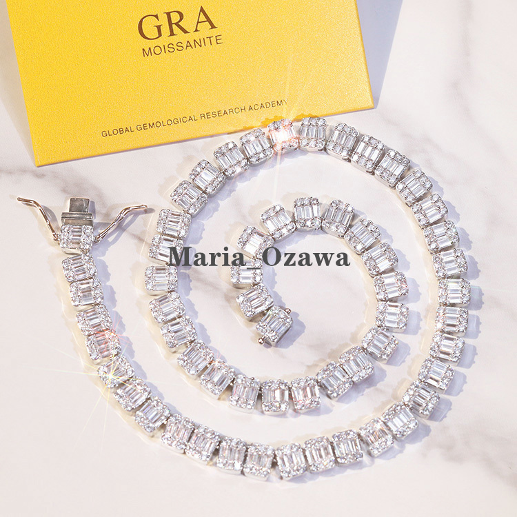 Fine Jewelry VVS Baguette Moissanite Tennis Chain 9mm Width S925 Silver Chain Hip Hop Necklace Bagutette Diamond Tennis Chain