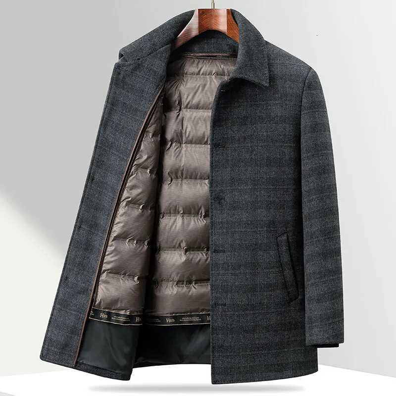 2024 Winter New Mens Checkered Medium Long Woolen Coat with Thick Velvet for Warmth and Leisure Detachable Down Inner TankXJ250827