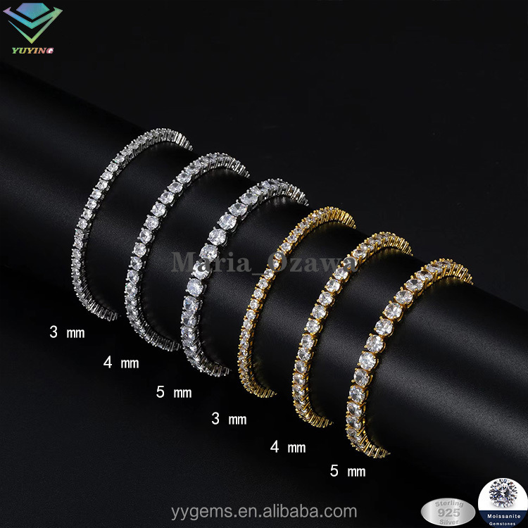 Hou Sale 2 6.5 mm VVS Diamond Tennis Moissanite Chain Gold Plated 925 Sterling Silver Bracelet Fine Jewelry