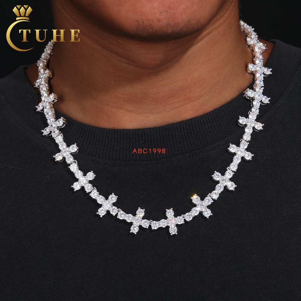 Factory Wholesale Jewelry Mens White Gold 6mm 925 Sterling Silver VVS Moissanite Diamond Cluster Cross Tennis Chain Necklace