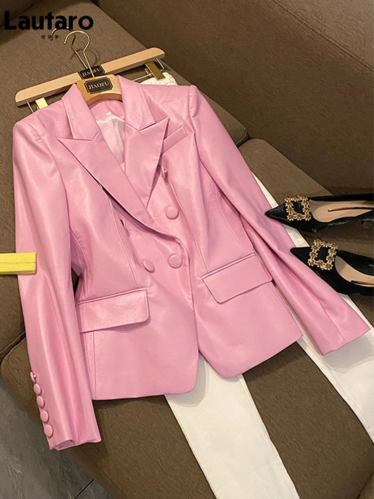 Lautaro Spring Stylish Short Pink Soft Pu Leather Blazer Long Sleeve Slim Fit y Jackets for Women Elegant Fashion 5xl 250827