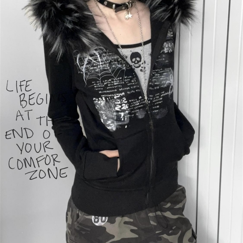 Y2k Fur Patchwork Grunge Hoodies Women Streetwear Vintage Harajuku Gothic Print Hooded Sweatshirt Coat Aesthetic Slim Jacket250826ww
