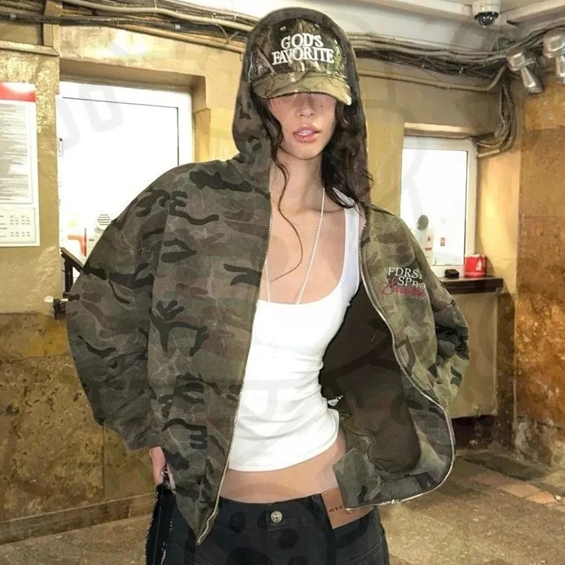 Street Camouflage Hoodies Vintage Letter Embroidery Coat Loose Lazy Leisure HipHop Long Sleeve Zipper Tops Clothing 250826