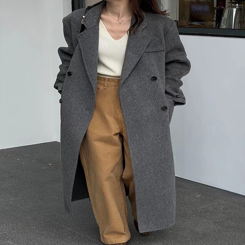 Right Angle Shoulder DoubleBreasted Woolen Jackets Womens Autumn And Winter Office Lady Long 100% Wool Coats 250826