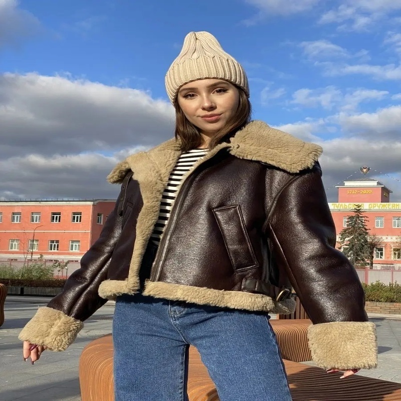 RARF Women Faux Fur Leather Jacket Casual Lady Lapel Zipper Short Coat High Street Motorcycle Outwear 250826