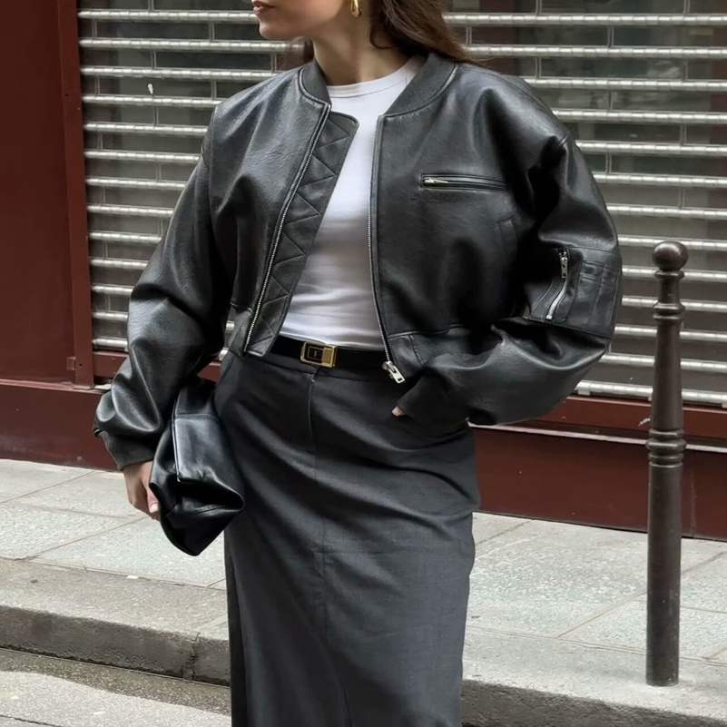 Padded leather jacket traf AutumnWinter Fashion Spice style short chunky texture womens jacket Motorcycle leather 250826