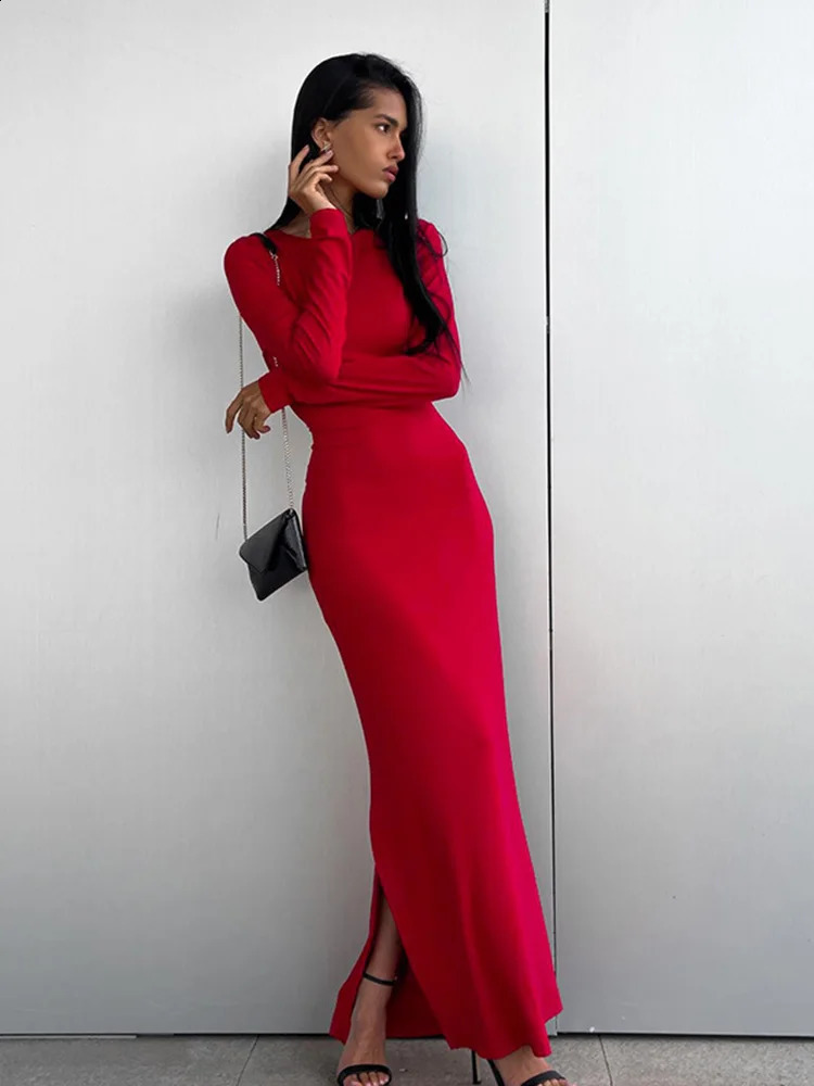Party Dresses For Women Fashion Sexy Solid Full Sleeves ONeck Split Bodycon Sheath Long Vestidos Robes Female Elegant Regular 250827