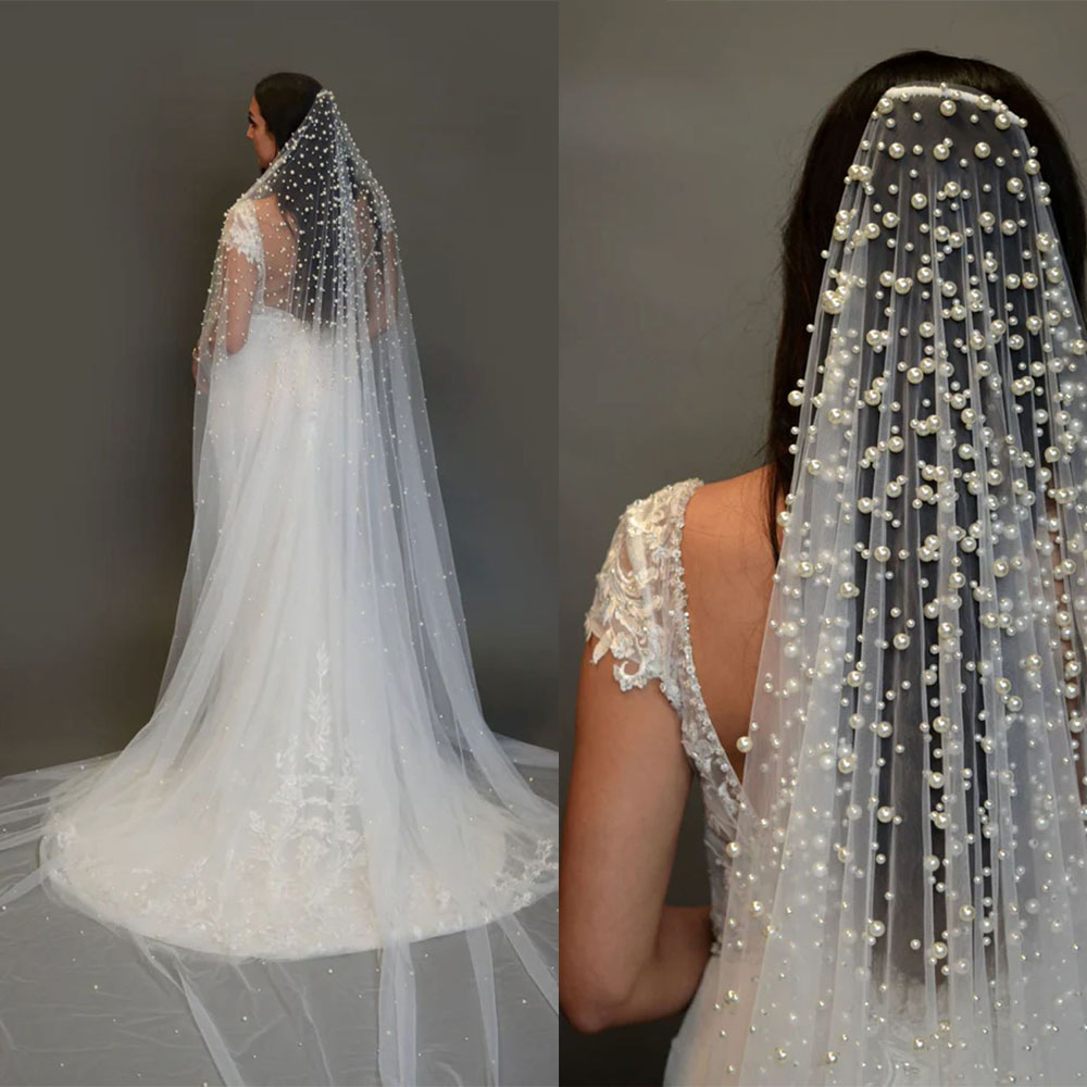 Luxury Pearls Wedding Veil Beaded Royal Bridal Veil 3M Long Special Cut Veil with Comb Bride White Ivory Wedding Accessories