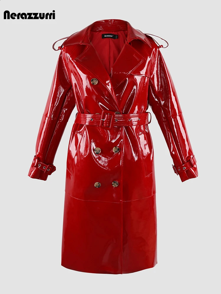 Nerazzurri Autumn Long Shiny Black Red Patent Pu Leather Trench Coat for Women Belt Double Breasted y ner Clothes 250827