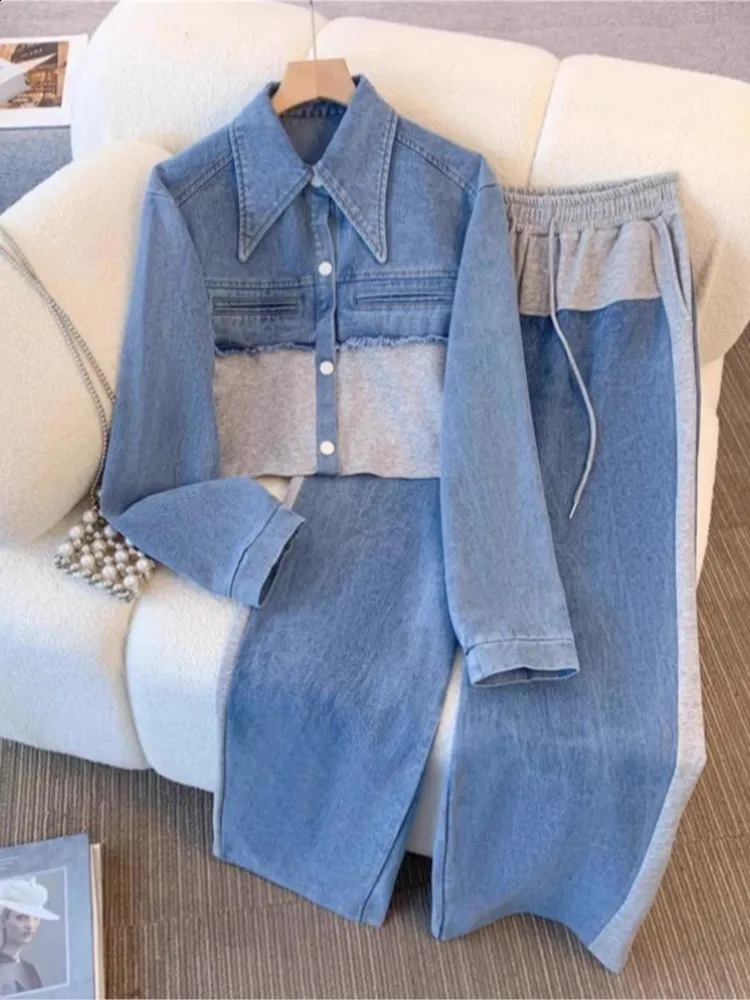Blue Patchwork Pants Sets Women Fashion Long Sleeve Singlebreasted Short Jacket Straight Trousers Two Piece Set Female 250827
