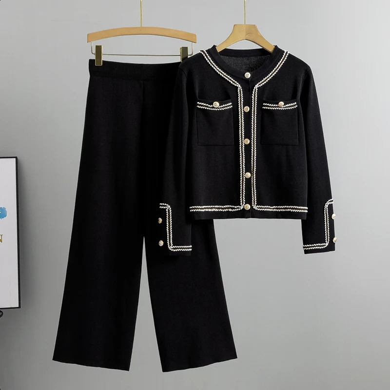Autumn Knitted 2 Piece Sets Women Tracksuit Long Sleeve Vintage Single Breasted Cropped Coat Pants Stretch Matching Suit 250827