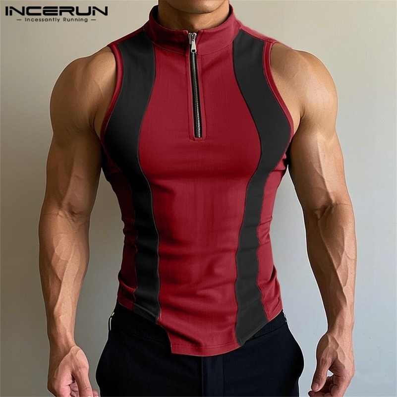 INCERUN Tops 2025 American Style Fashion Mens Spliced Contrast Zipper Vests Summer Streetwear Casual Tank Tops250827ww