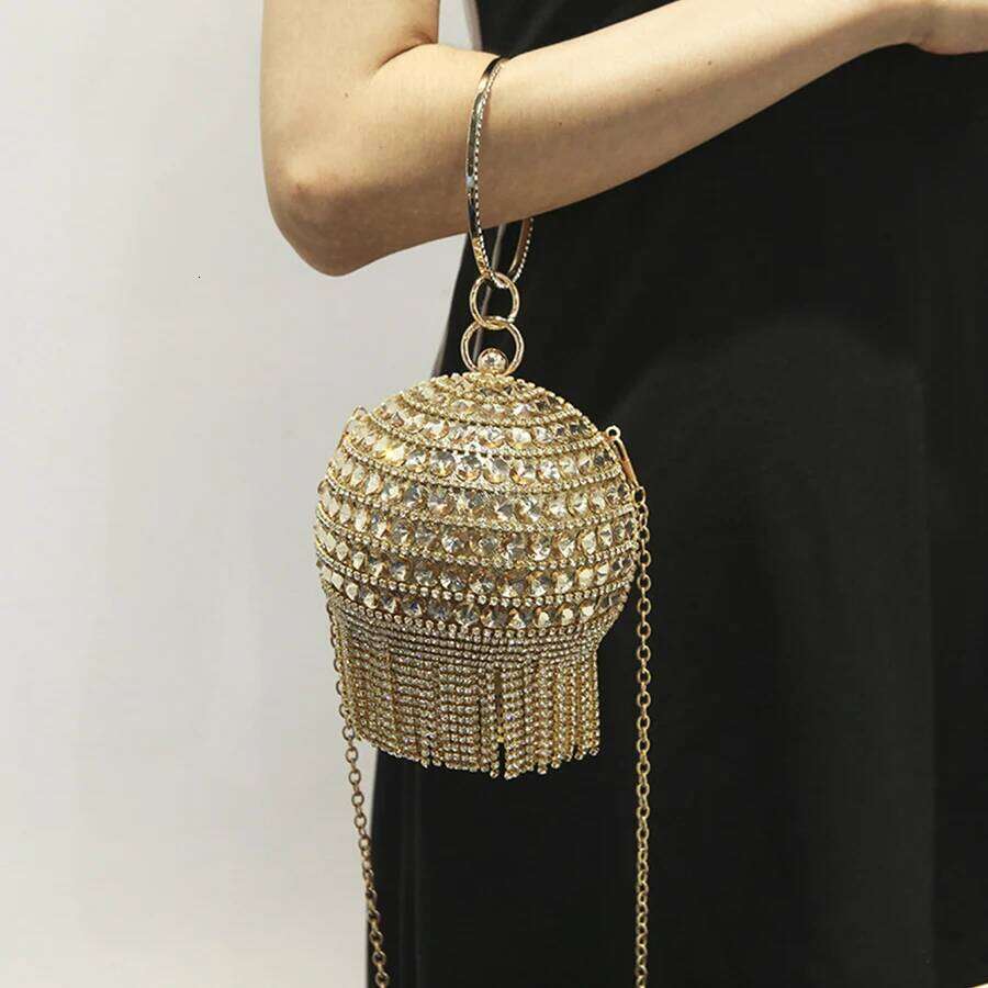 Designer Bags Dia Tassels Round Handbags Crystal Ball Women Dinner Evening Shiny Rhinestone Metal Ring Handle Clutches Purse Luxury Bag