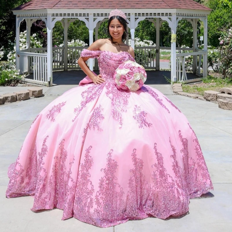 Pink Shiny Quinceanera Dresses Ball Gown Off The Shoulder Sequin Applique Lace Beading Bow Corset Tull Sweet 16 Dress Vestidos 15 De Anos