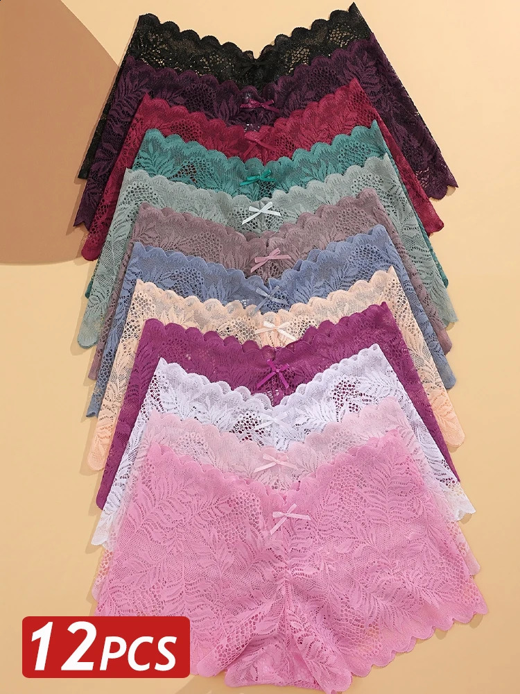 12PCS Sexy Lace Panties For Women V Waist Boyshorts Solid Color Panties Female Low Rise Underwear Breathable Soft Lingerie250827