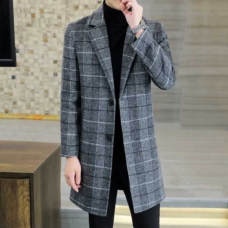 2025 Winter Mens MidLength Plaid Woolen Coats Business Warm Top Overcoat Outerwear CottonThicken Wool Windbreaker JacketXJ250827