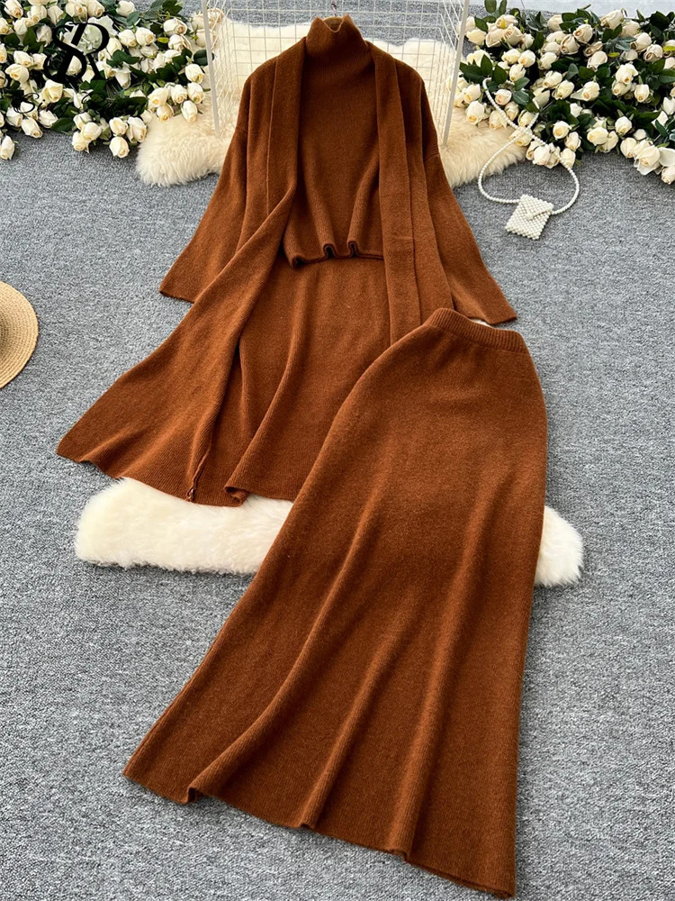 SINGREINY Autumn Winter Wear 3PC Suits Loose Midi CardiganTurtleneck Sleeveless Tank TopElastic Waist Skirt Women Sweater Sets 250827