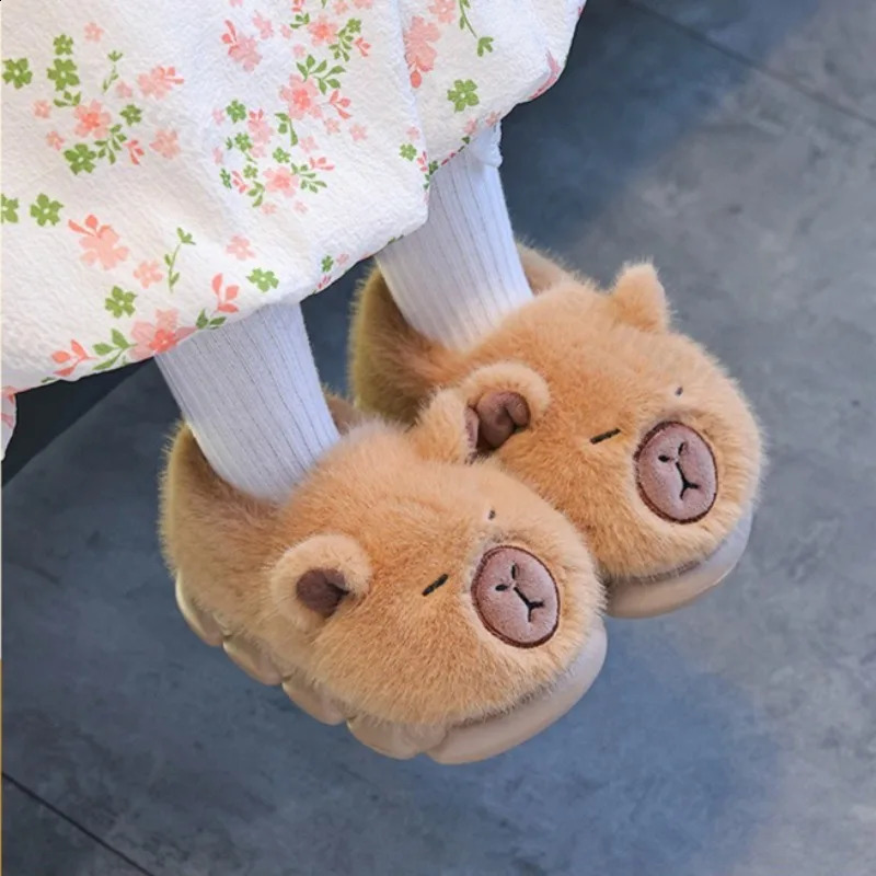 Capybara Slippers Children Plush Warm Cotton Slippers Winter 2025 Antislip Cartoon Slippers Floor Indoor Fluffy Home shoes250826