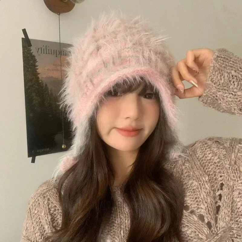 Japanese Colored Plush Knitted Womens Hats Autumn and Winter Korean Version Cute Sweet Warm Ear Protection Versatile Beanies 250821