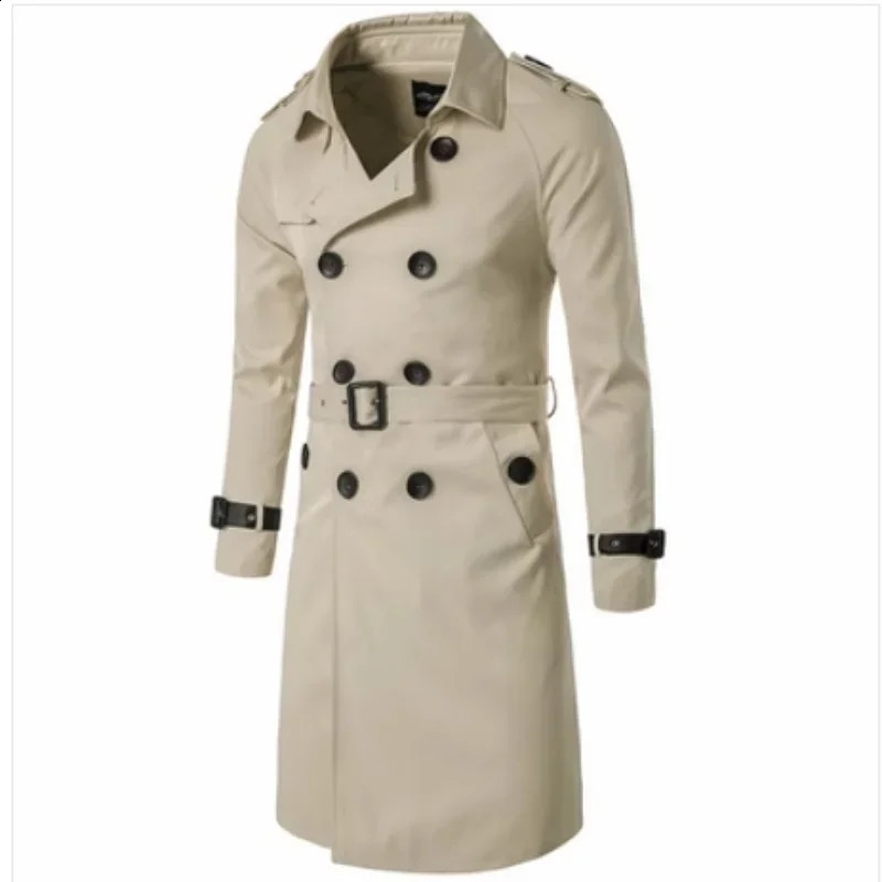 Mens Spring Autumn Windbreak Overcoat Long Trench Coats with Belt Male Pea Coat Double Breasted Peacoat 250827BJ