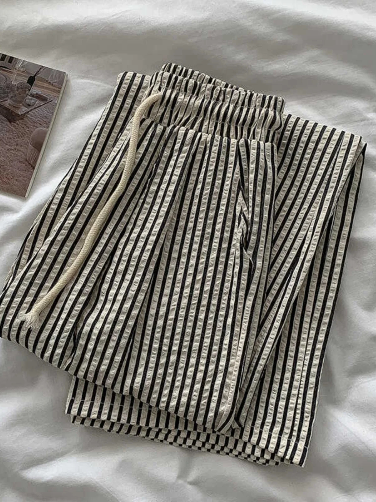 Korean Laidba Striped Drapey Casual Pants Womens Highwaist Elastic Thin Straight Long Trousers Summer Faion Commute 250827