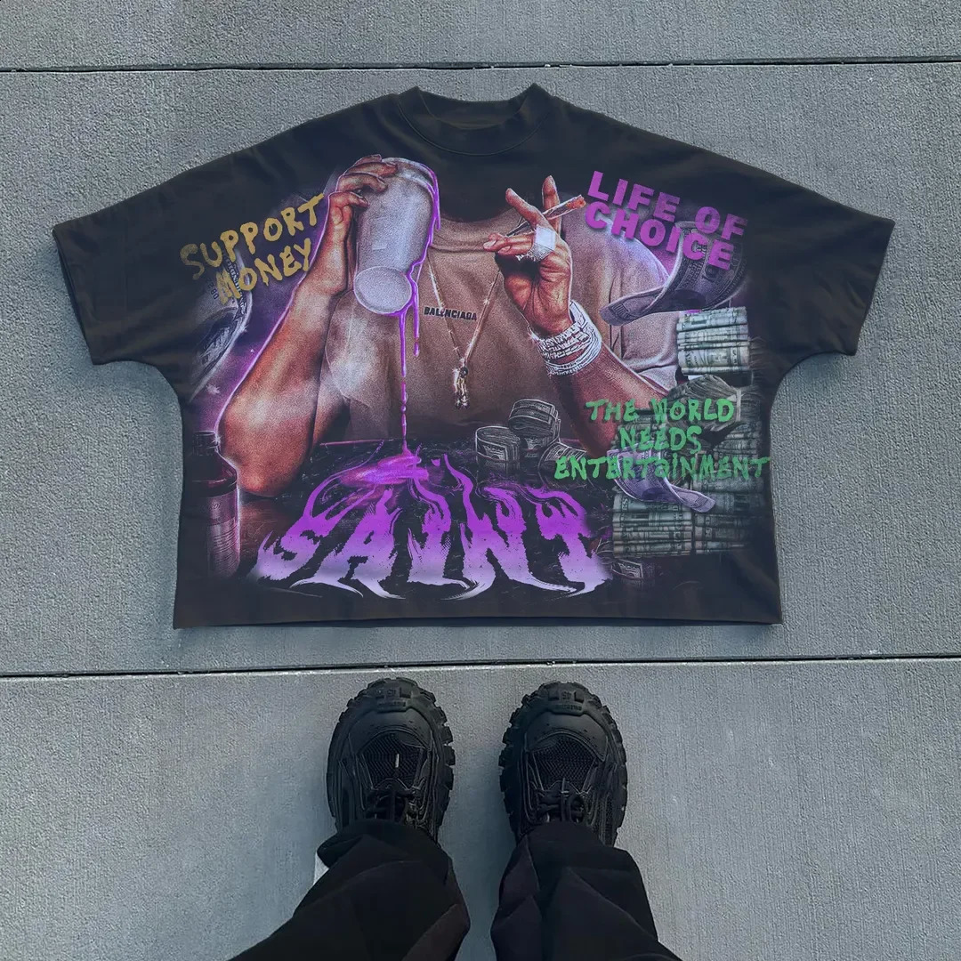 Men Black Y2K Retro Graphic Print Oversized Hiphop Euro T Shirt Streetwear Urban Casual Vintage Fashion Clothing 250827