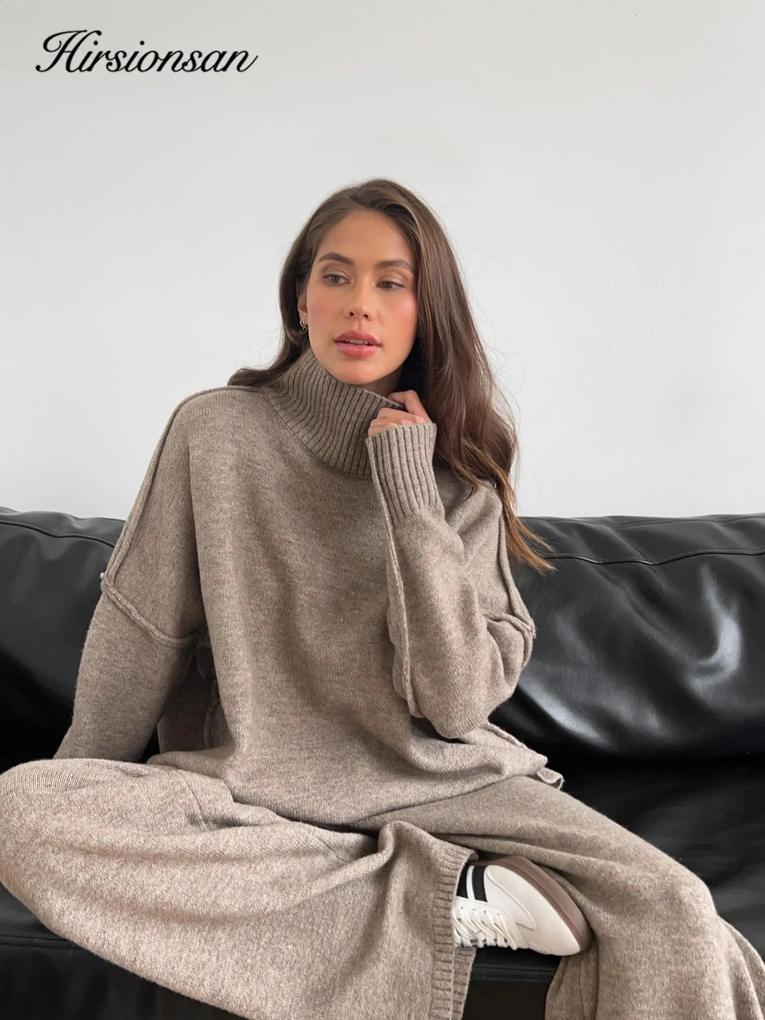 Hirsionsan Loose Soft Elegant Women Suits 2 Pieces Female Set Turtle Neck Sweater Wide Leg Pants Knitted Track Suit 250826