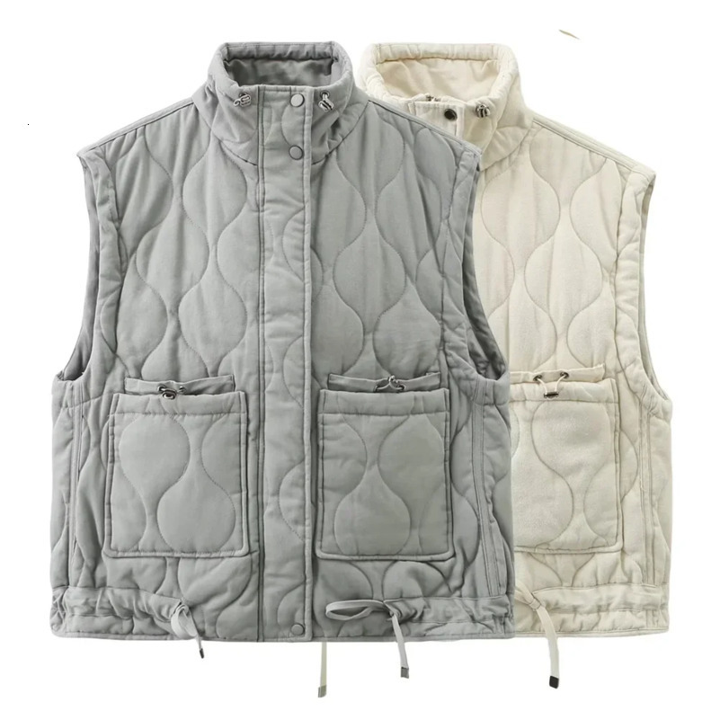 womens versatile sleeveless stand up collar pocket decoration vest cotton loose shoulder jacket 250826