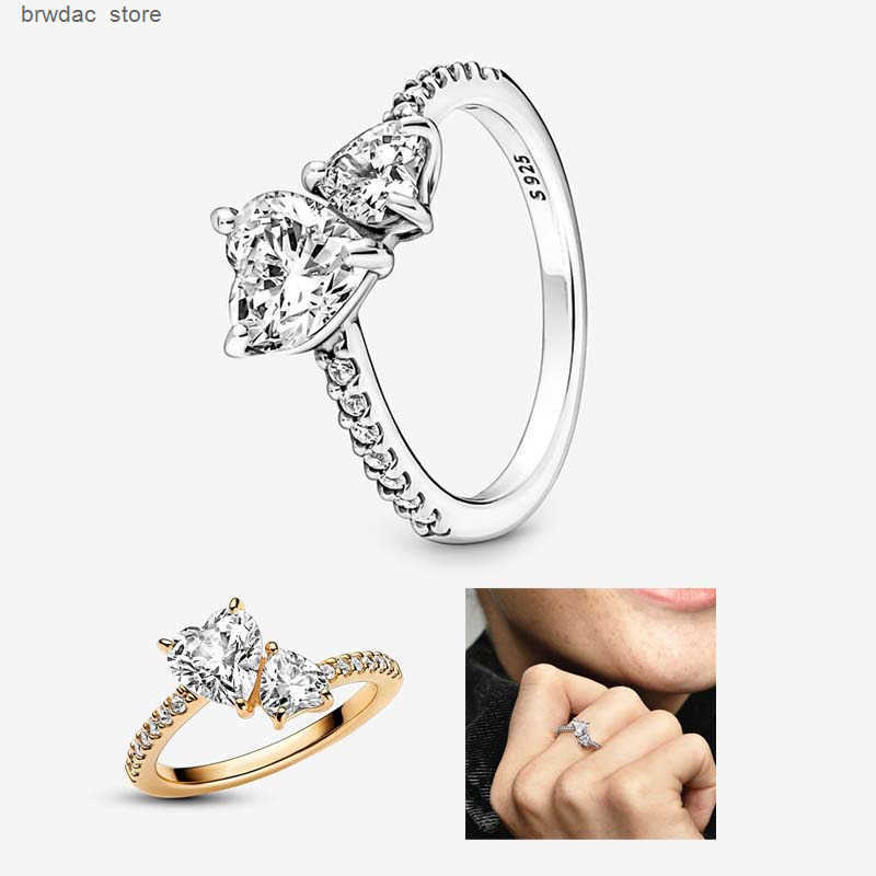 Double Heart Sparkling Ring % 925 Sterling Silver luxurious RING For Women Wedding Gift Jewelry Set Gold Designer Rings with Retail Box Top Quality