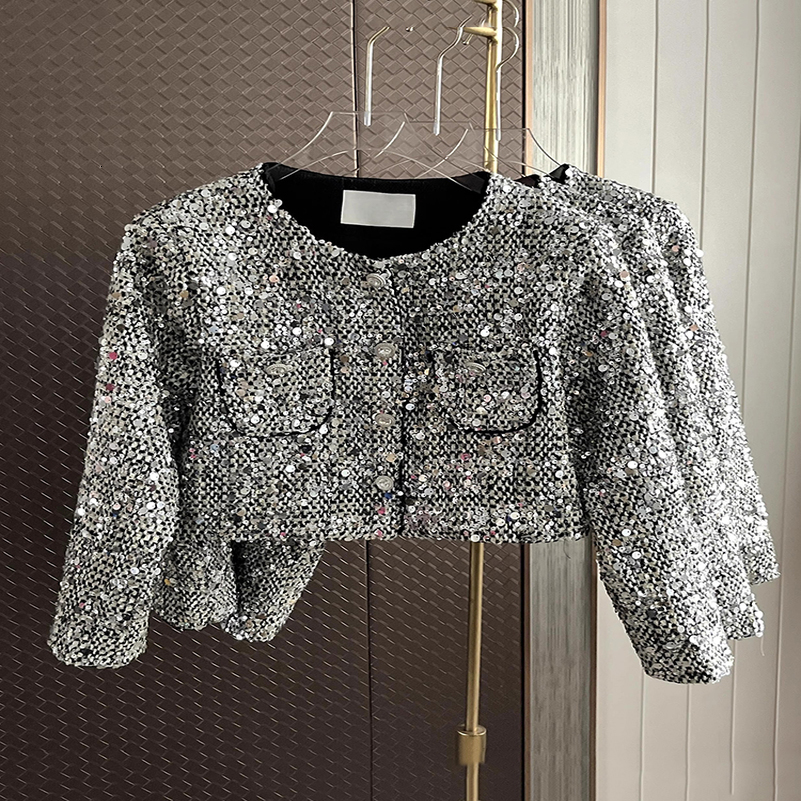 French y Sequins Small Fragrant Tweed Coat For Women Fall Winter Korean Fashion Casual Jackets Elegant Outerwear Chaquetas 250826