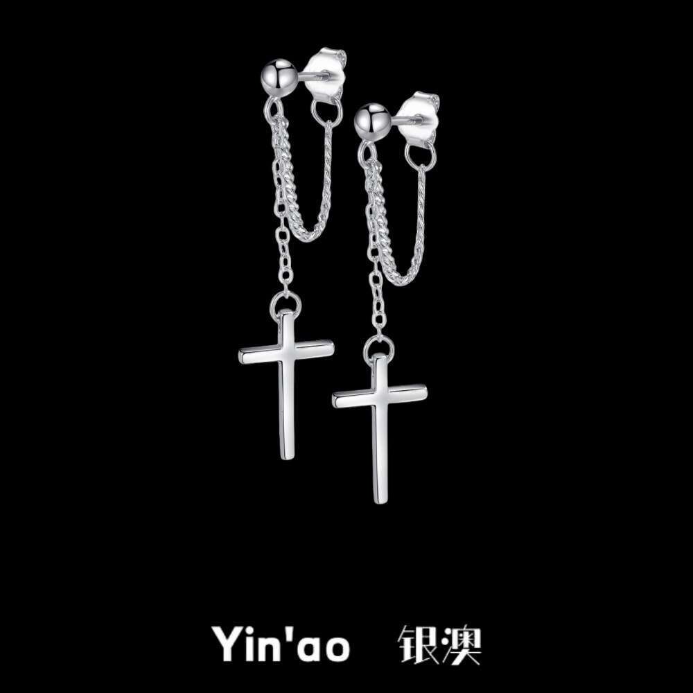 S Pure Sier Chain Cross High-End Feel 2025 New Model Unisex Elegant Earrings Niche Personality