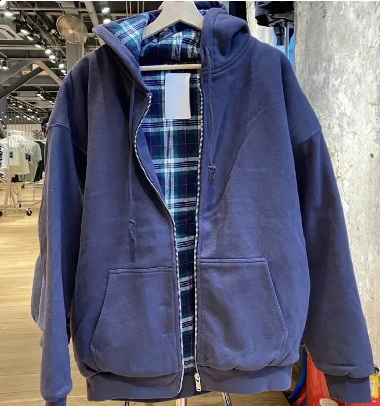 Vintage Plaid Hoodies for Men Fashion Harajuku Hiphop Streetwear Zip Up Hoodie Mens Casual Loose Sweatshirt Men Clothing Tops 250818