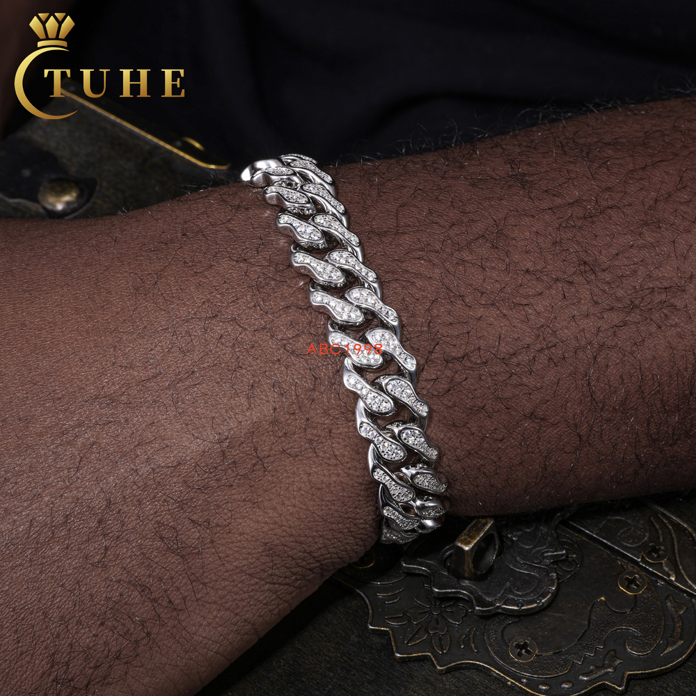 Fine Hip Hop Jewelry 12mm Gold Plated 925 Sterling Silver VVS Moissanite Diamond Iced Out Cuban Link Bracelet for Men