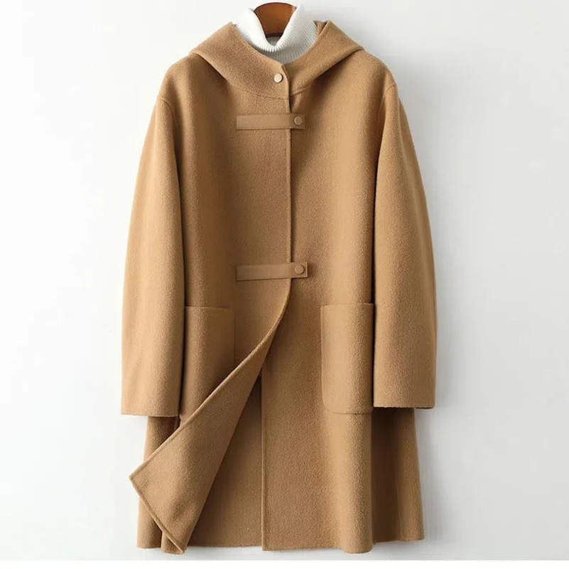 Womens Elegant Woolen Overcoat Large Pocket Loosefit Fashionable Hooded Doublesided Jacket Trendy For All Seasons 250826