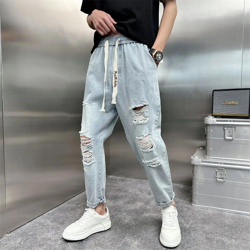 Men's Jeans Old Ripped 2025 Loose Straight Spring And Summer Thin Wide-leg Harlan Pants Elastic Waist Cargo Harem Men