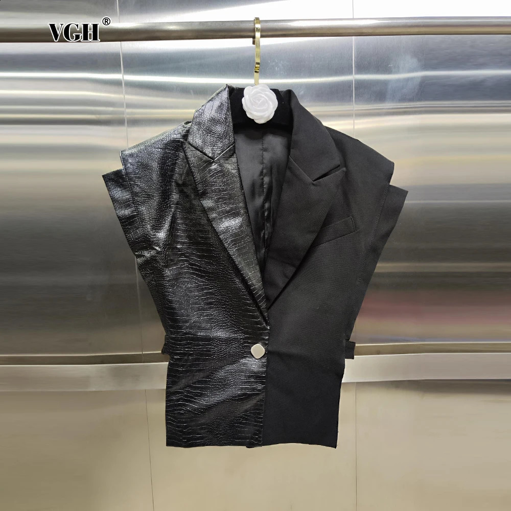 VGH Solid Streetwear Spliced Leather Waistcoat For Women Lapel Sleeveless Patchwork Belt Dark Style Vest Female Fashion 250823