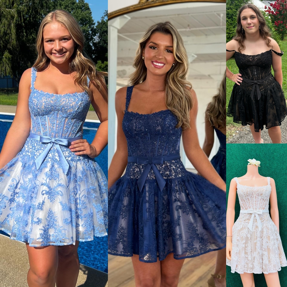Dropped Waist Hoco Dress Lace Corset Pageant Interview Short Prom Cocktail Party Homecoming Court Gown Runway Gala Black-Tie Drama Semi-Formal Banqu