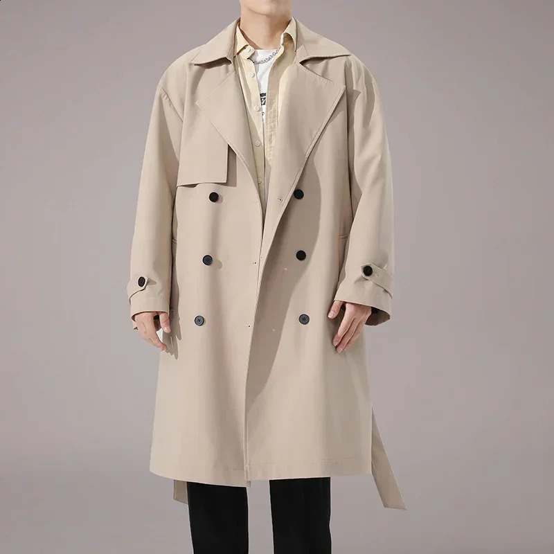 Korean Style Spring Men Trench Coat Male Streetwear Windbreaker Trenchcoat Men Solid Business Casual Loose Long Overcoat 250827BJ