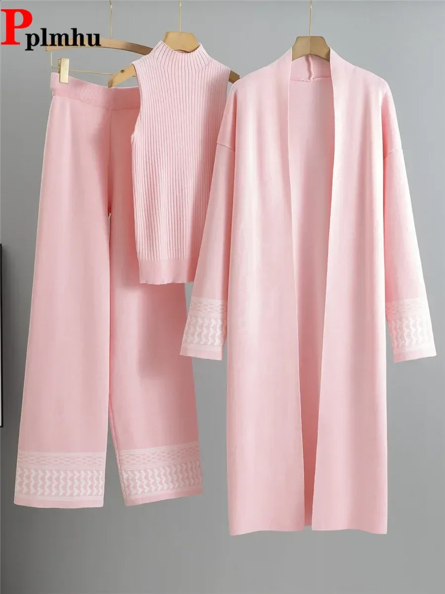 Korean n Elegant Knitted 3 Piece Sets High Waist Wide Leg Pants Outfit Women Knit Vest Sweater Long Cardigan Tops Conjuntos 250827