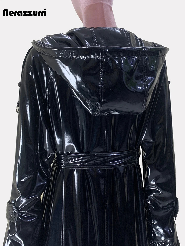Nerazzurri Autumn Extra Long Shiny Black Soft Patent Pu Leather Trench Coat for Women with Hood Double Breasted European Fashion 250827