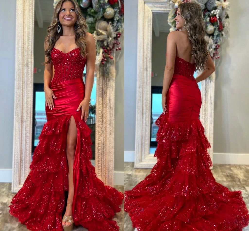 Charming Red Mermaid Prom Dresses With Front Slit Sparkle Sequined Lace Tier Ruffle Skirt Long Women Evening Party Gowns BC19081