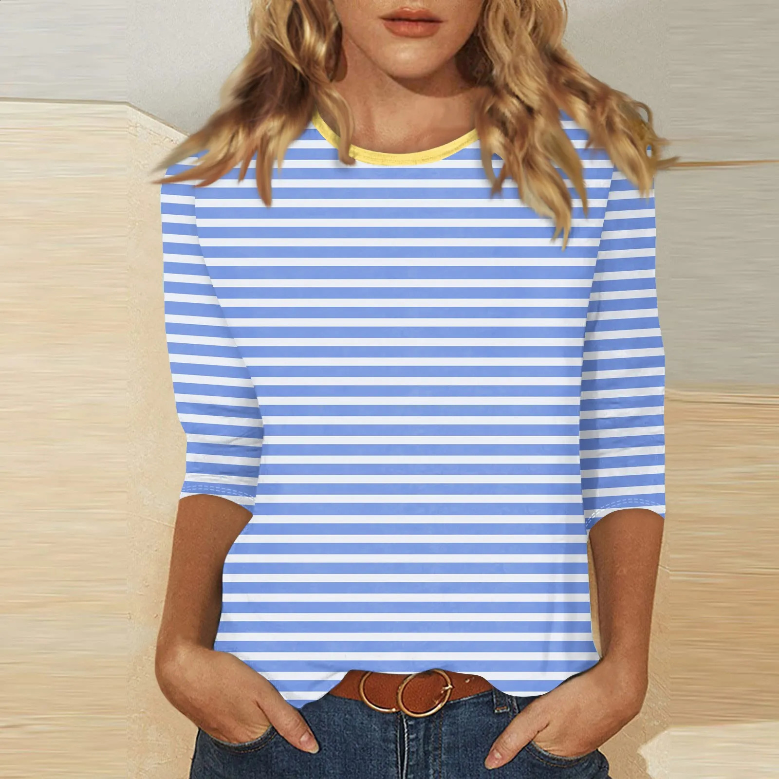 Womens Summer TShirts Fashion Casual Everyday Versatile ONeck 3/4 Length Sleeve Tops Striped Print TShirt Tops Plus Size 250826