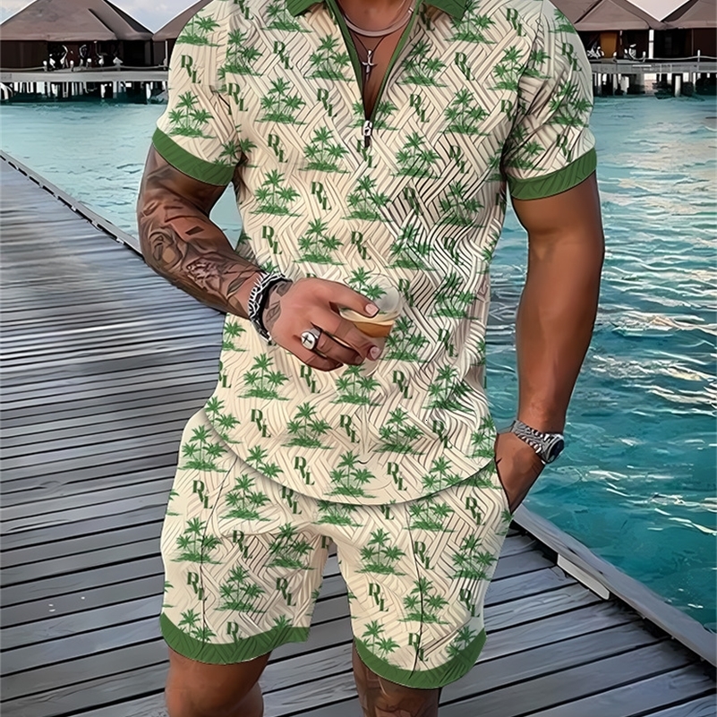 Mens Summer Tracksuit Sports Suit Men Set 3D Printed Casual Short Sleeve T Shirt Lapel Zip Polo Shirt Male Clothing Jogging 250826